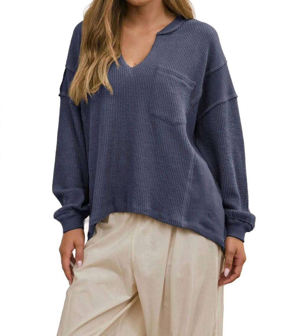 NEW JOA split neck raw edge ribbed knit top in blue